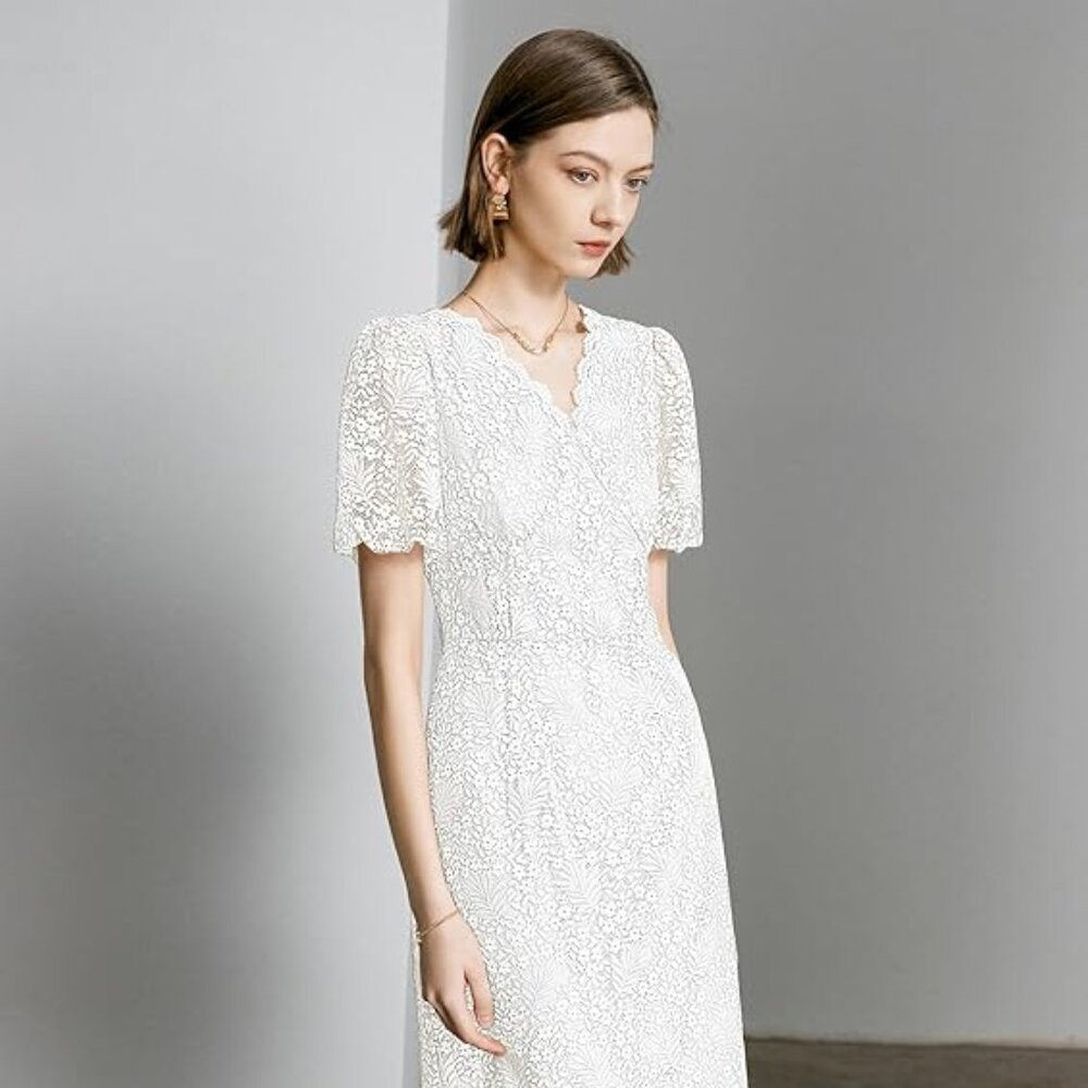 CyperRiver White Summer Dress – Lace Floral Midi, V-Neck, Puff Sleeve, Small